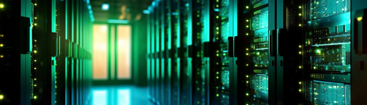 Row of network servers with glowing LED lights